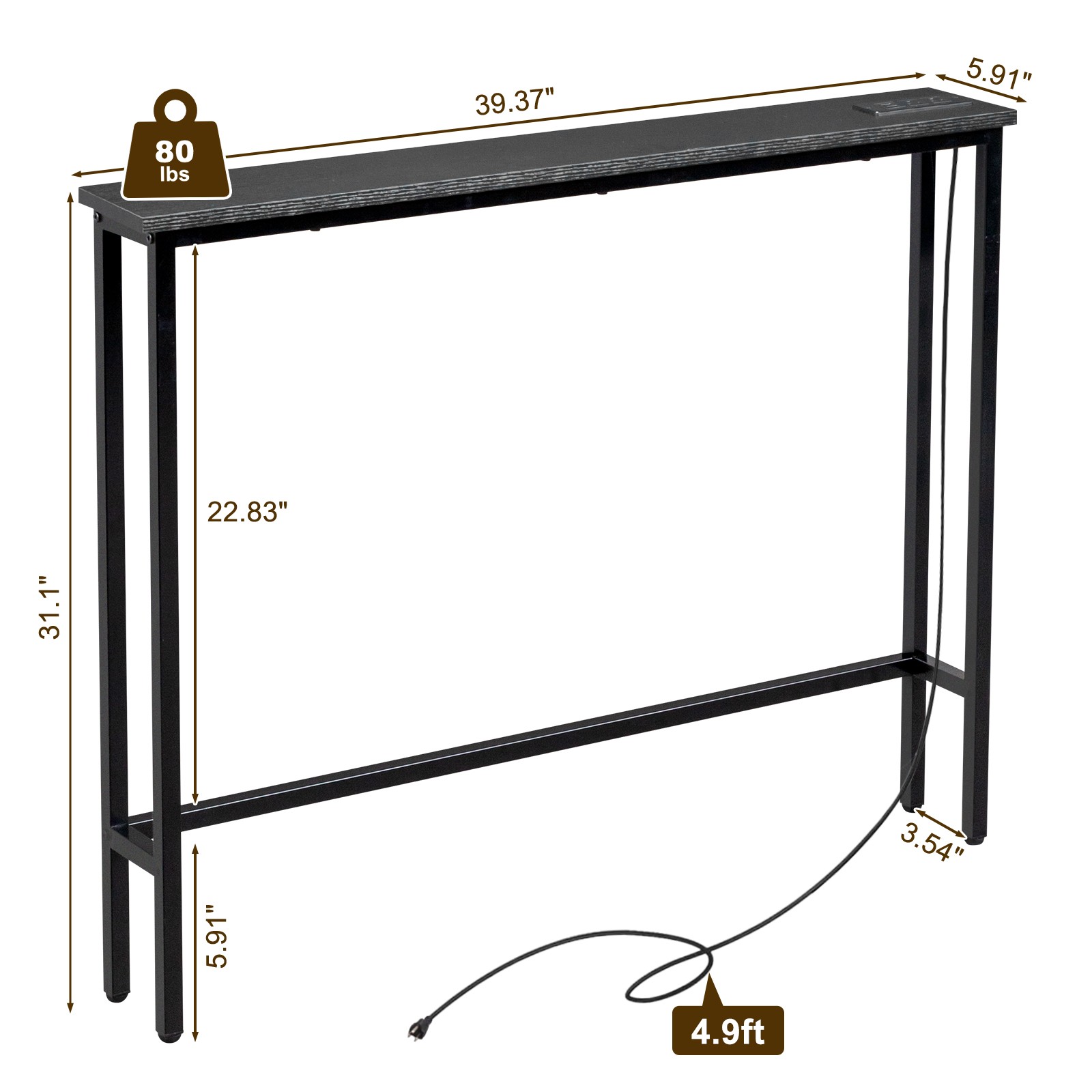 39.4″ Narrow Console Sofa Table with Power Outlets and USB Ports, Black