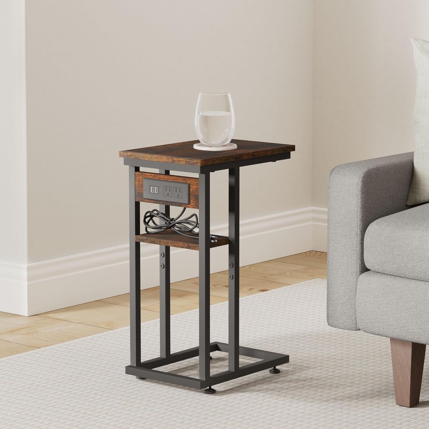 End Table with Charging Station and 2 USB Ports, C Table Storage Shelves, Couch