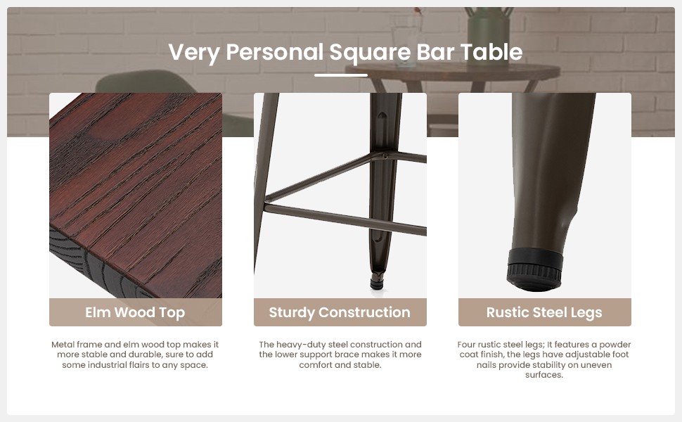 Square Bar Table, 41.25″ H Elm Wood Bistro Pub Table with Heavy-Duty Metal