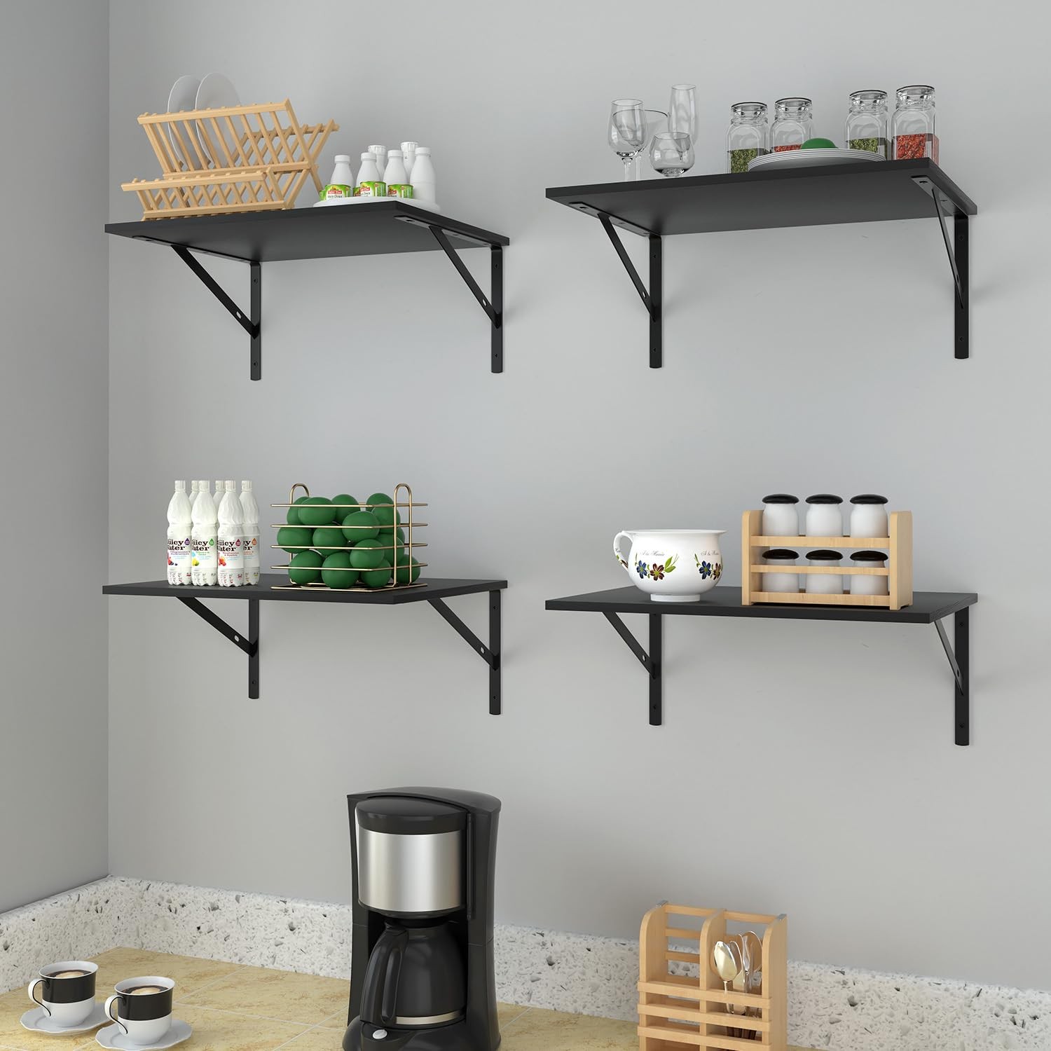 Deep Floating Wall Shelves – 4 Sets of 15.8 inches x 12 inches, Black