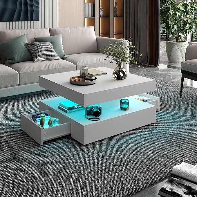 Square LED Coffee Table with 2 Drawers Modern 2 Tiers Center Cocktail Table HOME