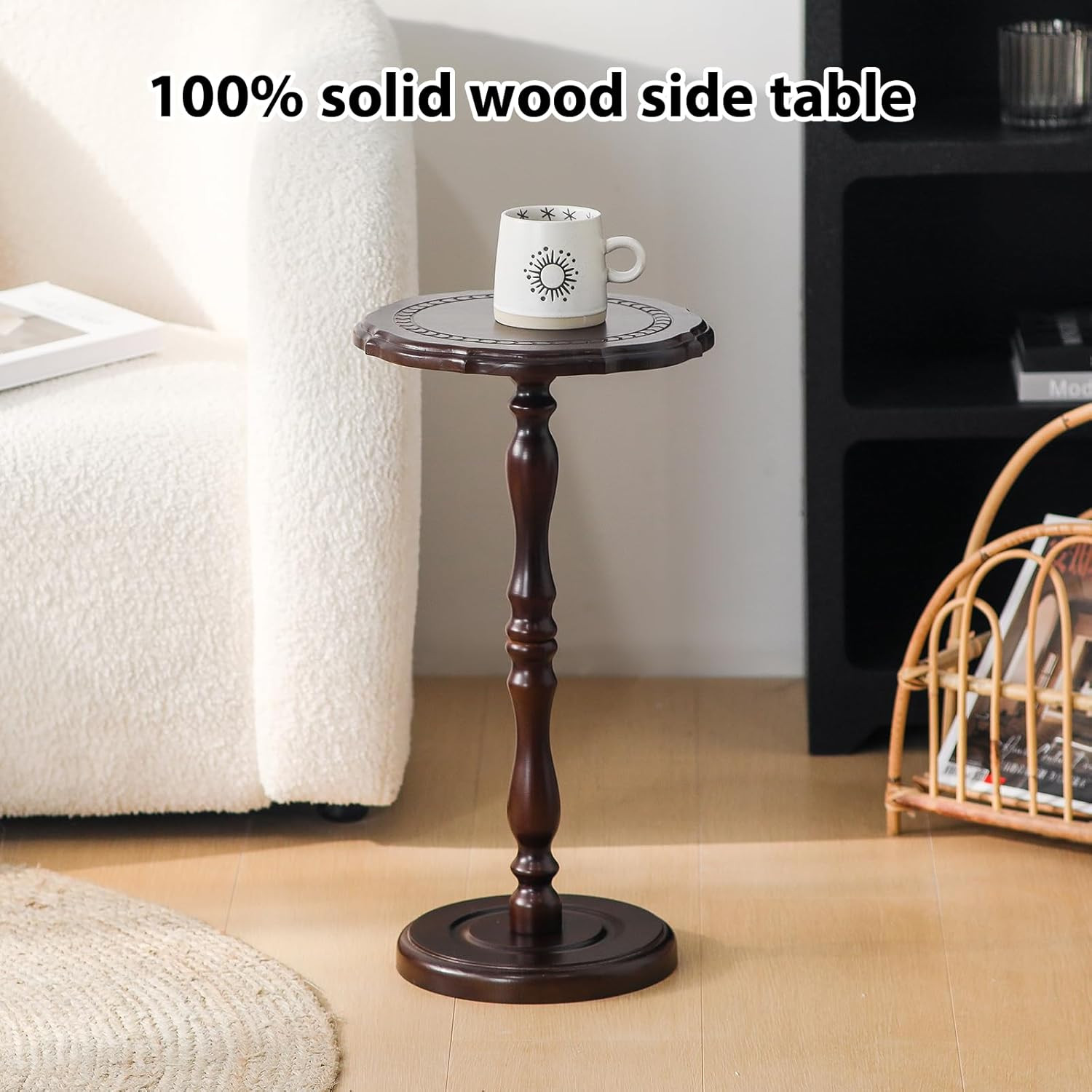 100% Solid Wood Round Side Table, Small Drink Table for Small Spaces, Modern End