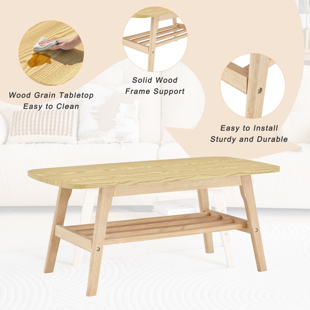 39 in solid wood coffee table – double-layer storage wooden center coffee table