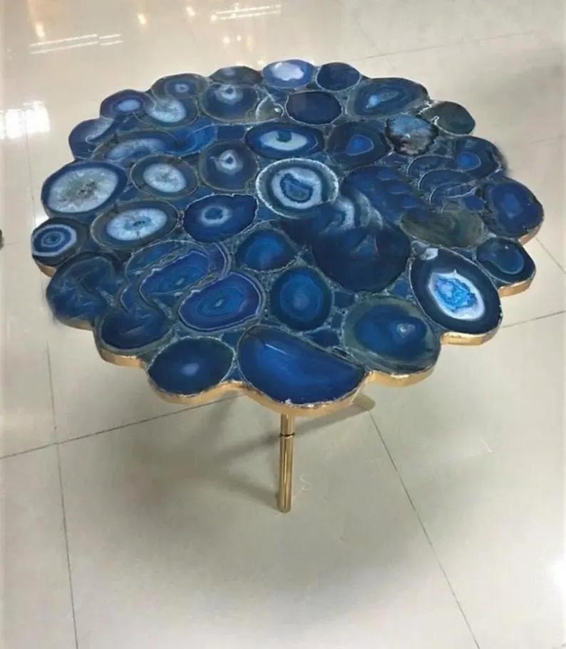 18″ Handmade Table, blue agate floral coffee table top, center modern furniture