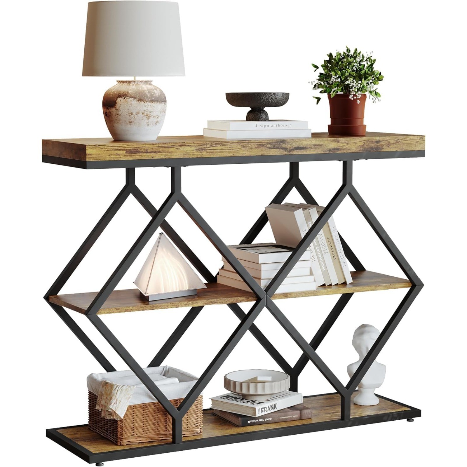 39 In 3 Tier Narrow Console Table Storage Diamond Shaped Metal Frame Sofa Table
