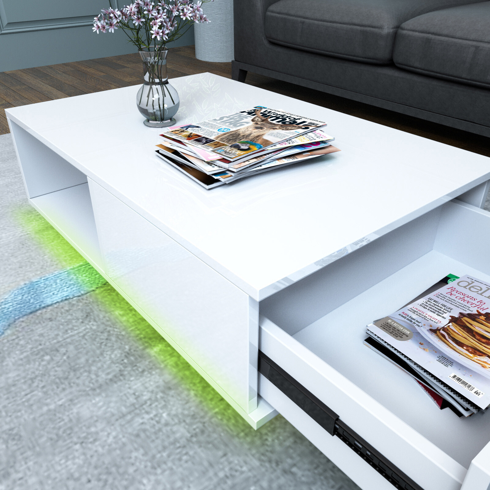 New Super Large 43″ High Gloss Side Coffee Table w/LED+Drawer Living Room White
