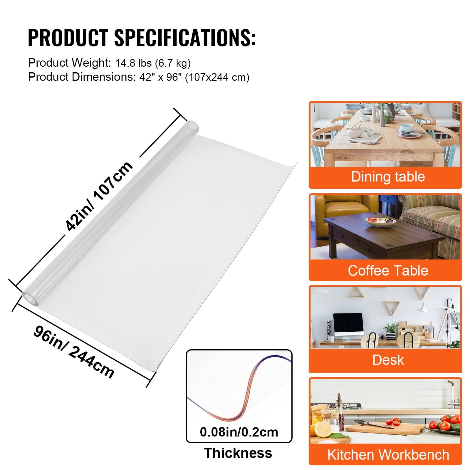 PVC Table Protector 42″x96″x0.08″ Clear Water & Oil Resistant Dining & Coffee