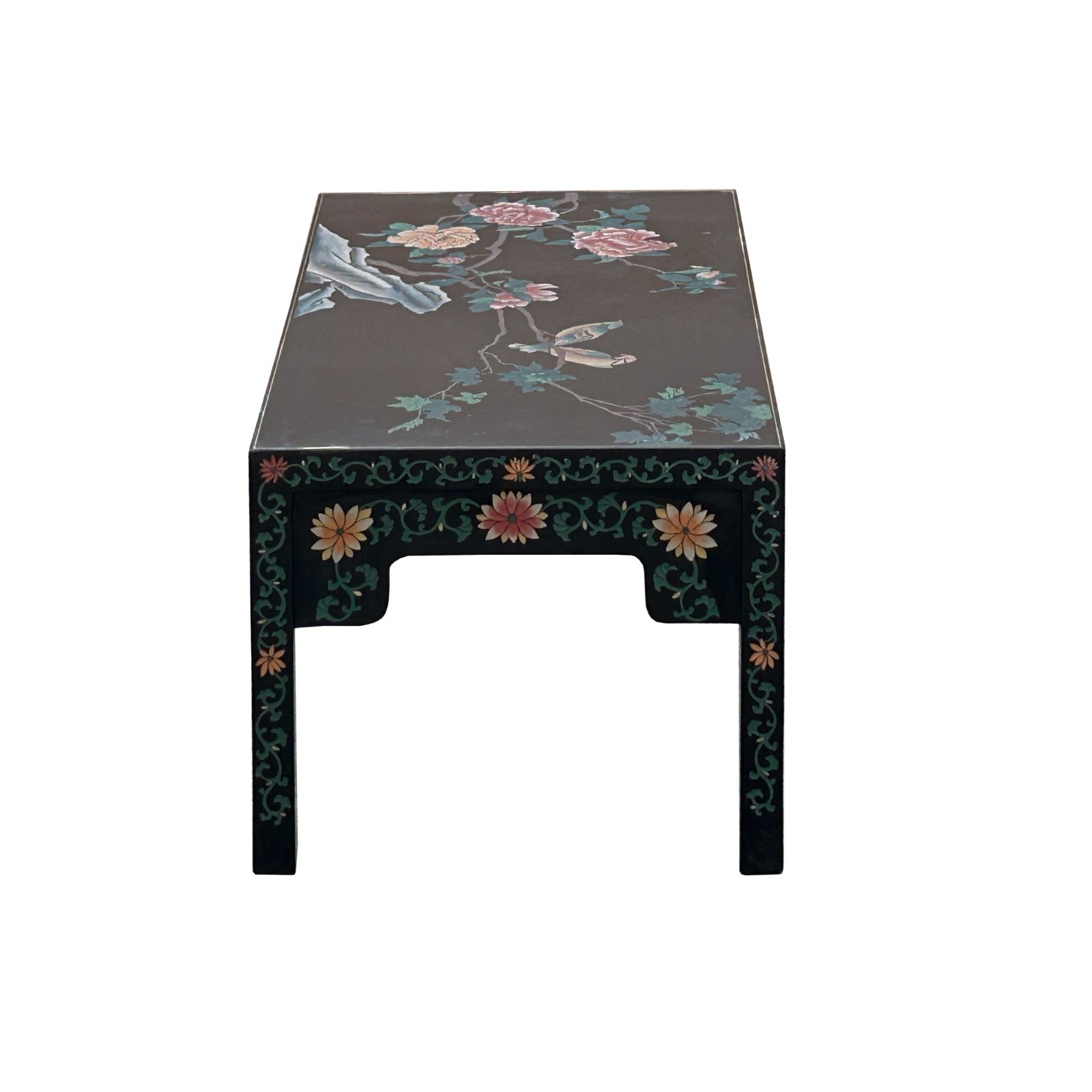 Chinese Black Lacquer Flower Birds Graphic Rectangular Low Coffee Table GB144