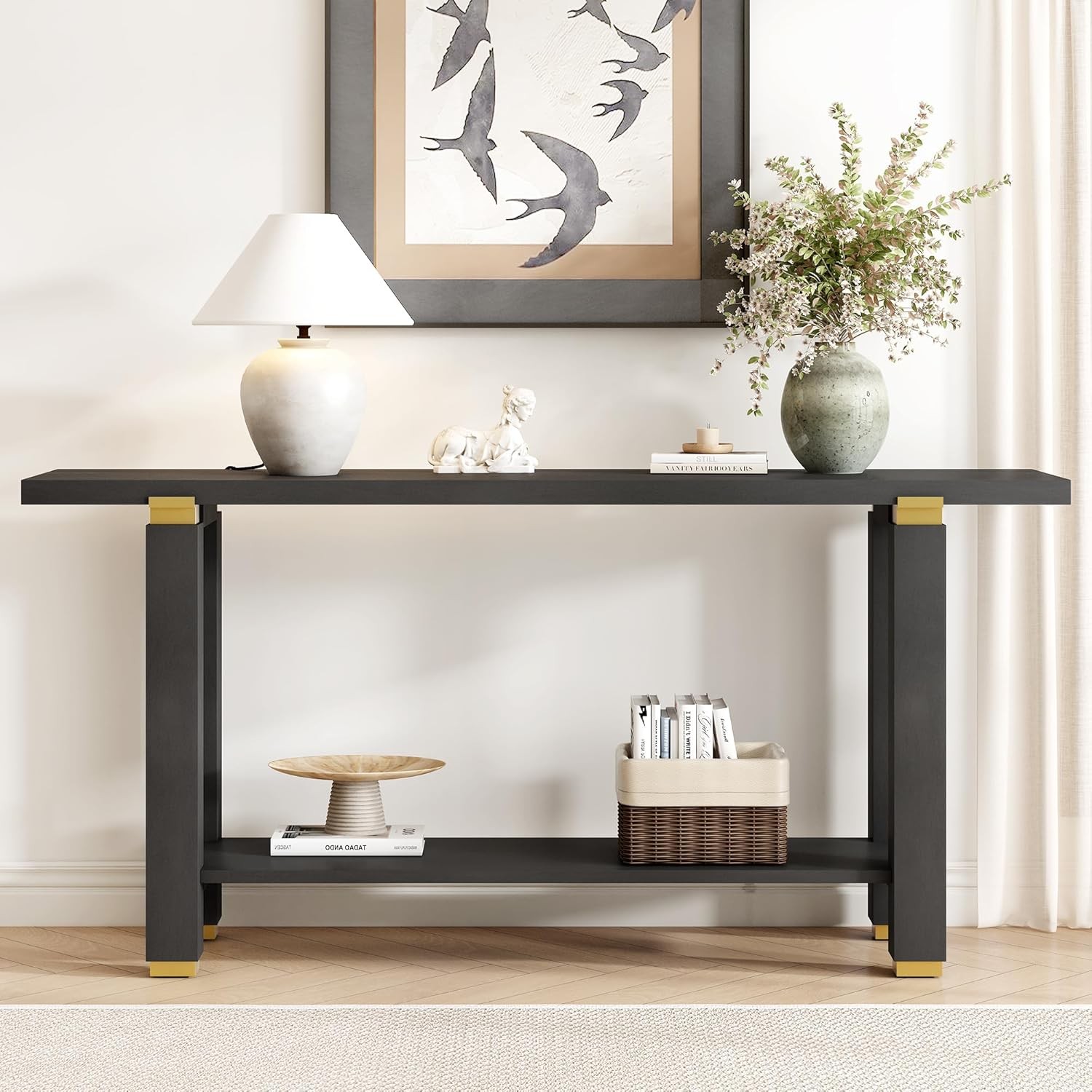 Minimalist Console Table, Solid Wood Entryway Table w/Shelf and Metal Accents