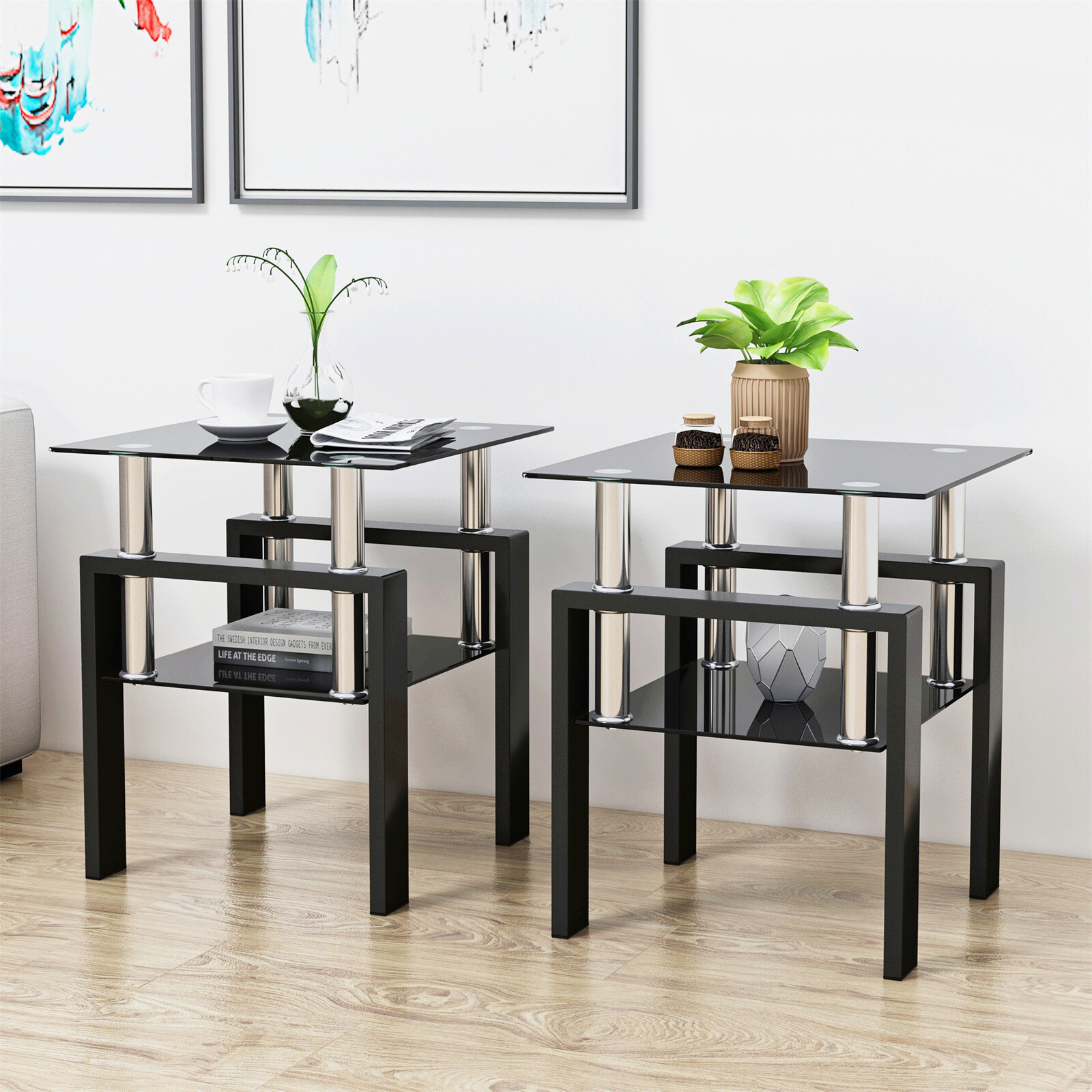 Modern Tempered Glass Set of 2 Coffee Table Tea Table Square Table End Table