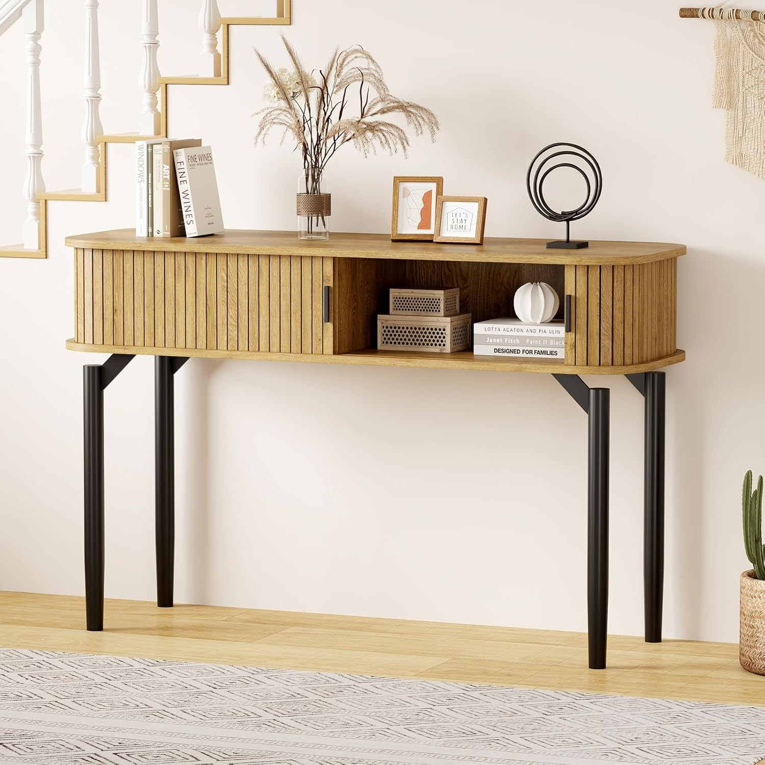 Stylish Oak Fluted Console Table with Sliding Door Storage for Entryway