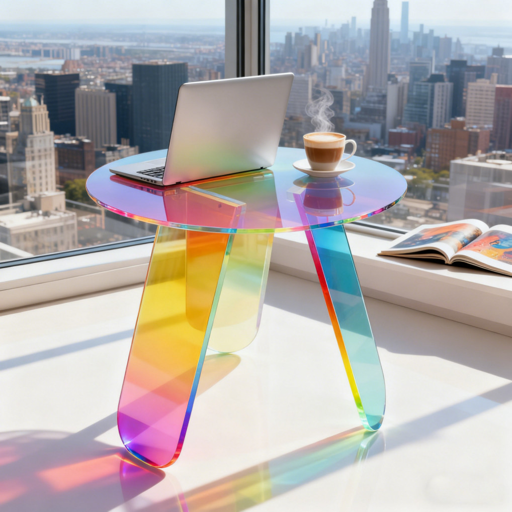 Acrylic End Table with PVC Table Cover Round Iridescent Rainbow Sofa Side Table
