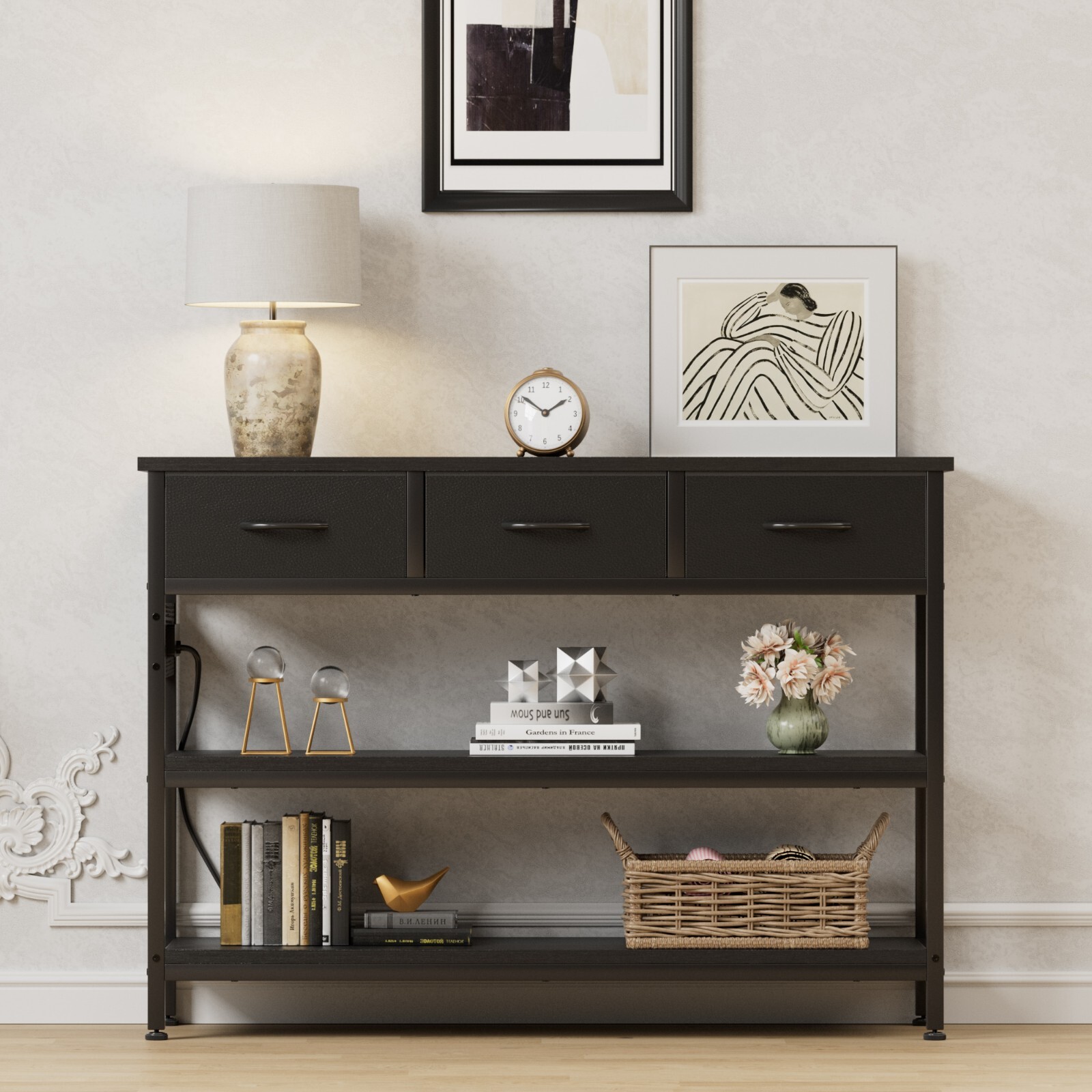 43.3″ Console Table with Power Outlets 3 Drawers 2 Shelves Sofa Table Black
