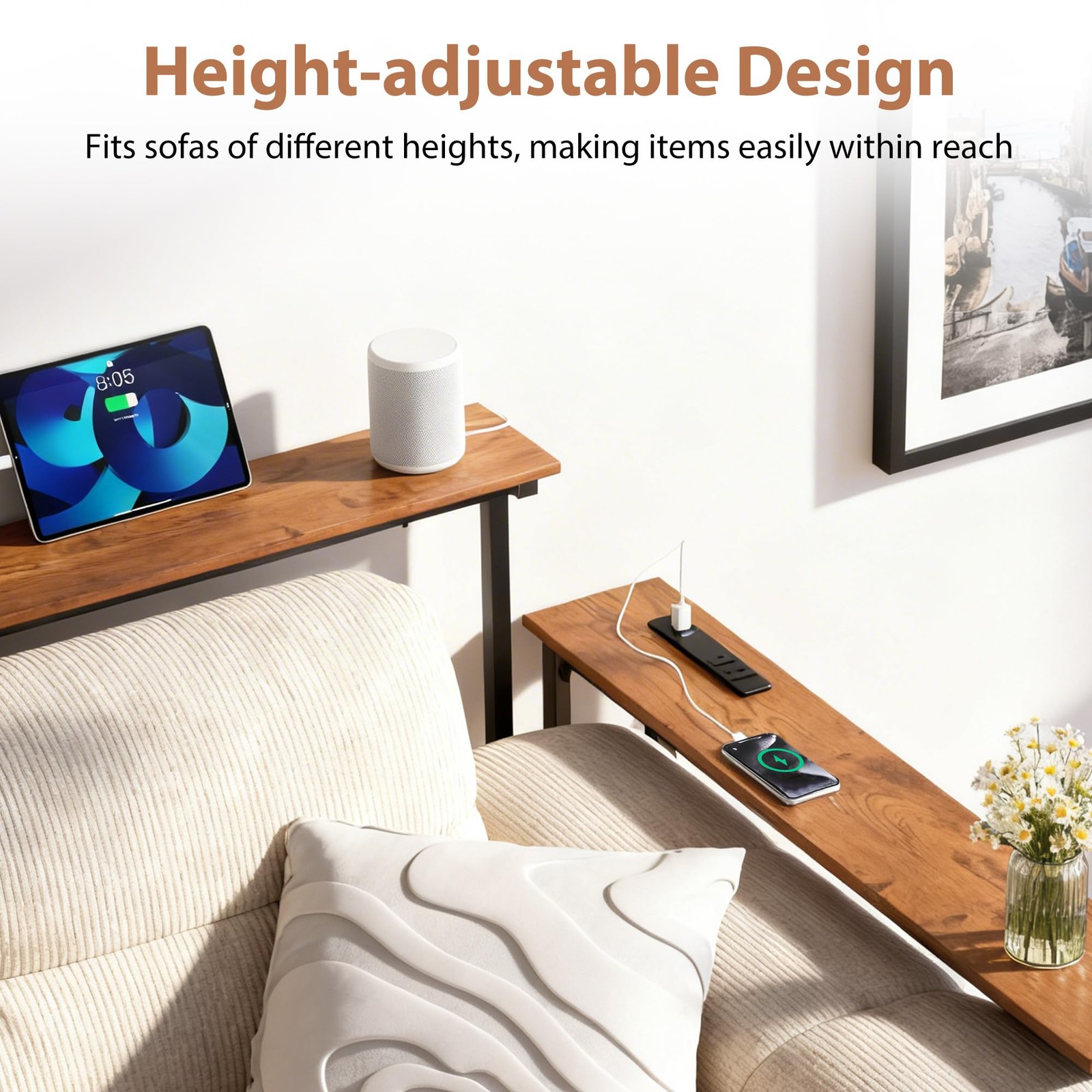 Adjustable Height Narrow Sofa Table 78″ Long Console Power Outlets Charging