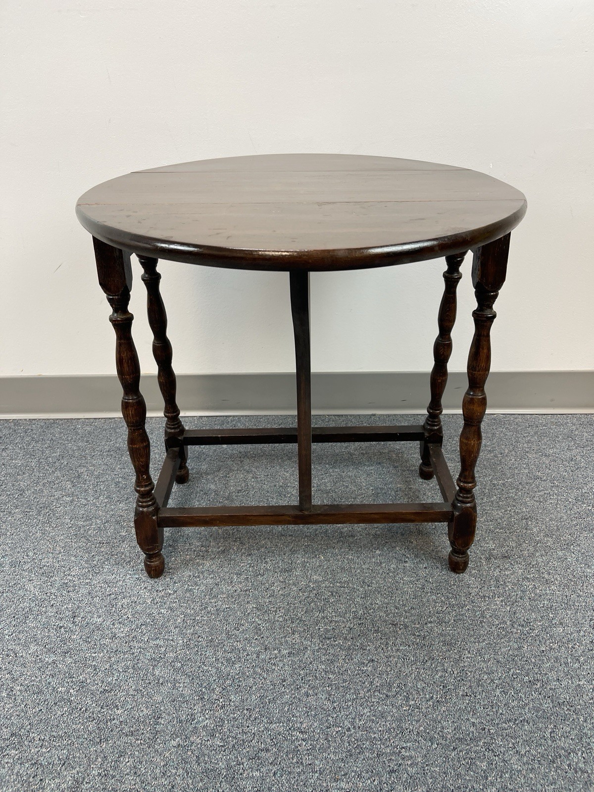 vintage Wood Square to Round Table with Fold Down Wings & Spool Legs – 21.25″ hi