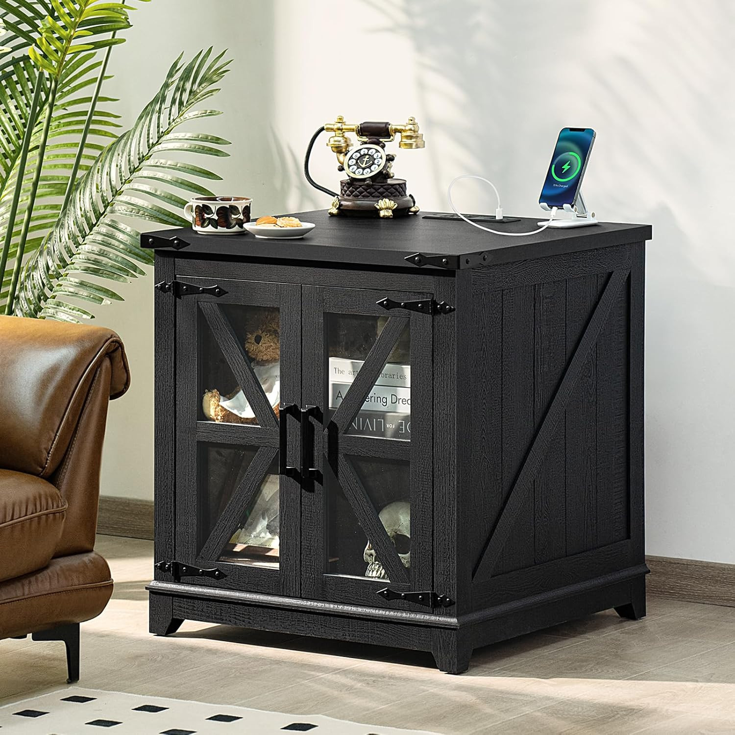 Farmhouse End Table with Charging Station, 24″ Large Sofa Side Table with Glass