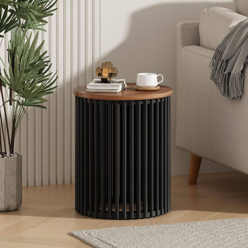 Bryce 17.5 In. Natural and Black round MDF End Table Side Table Solid Wood Base