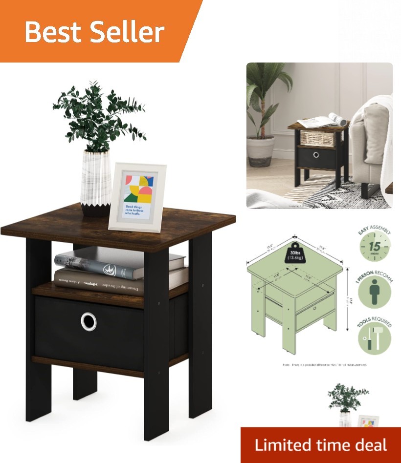Stylish ANDREY Night Stand with Open Shelves & Bin – Space-Saving 16″ Design