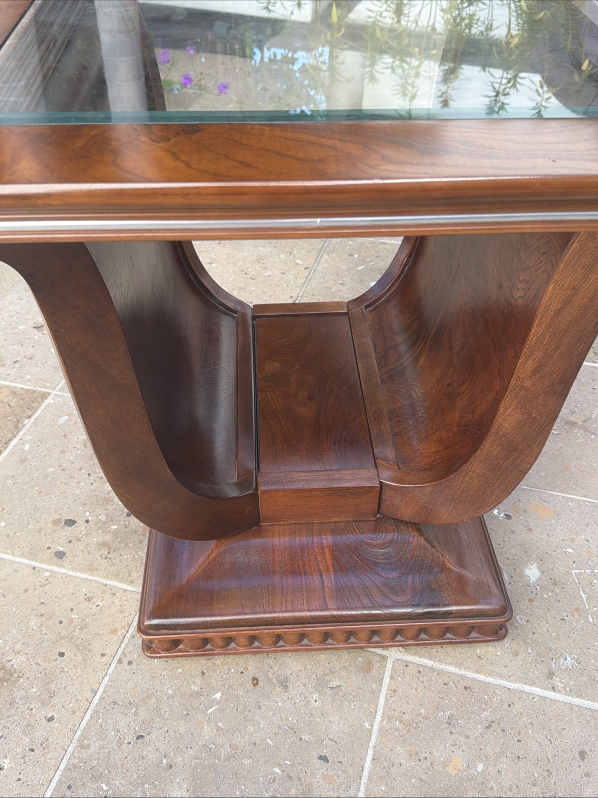 1 LARGE TULIP SHAPED GLASS TOP ELM WOOD SIDE END TABLE WITH HIDDEN BASE STORAGE