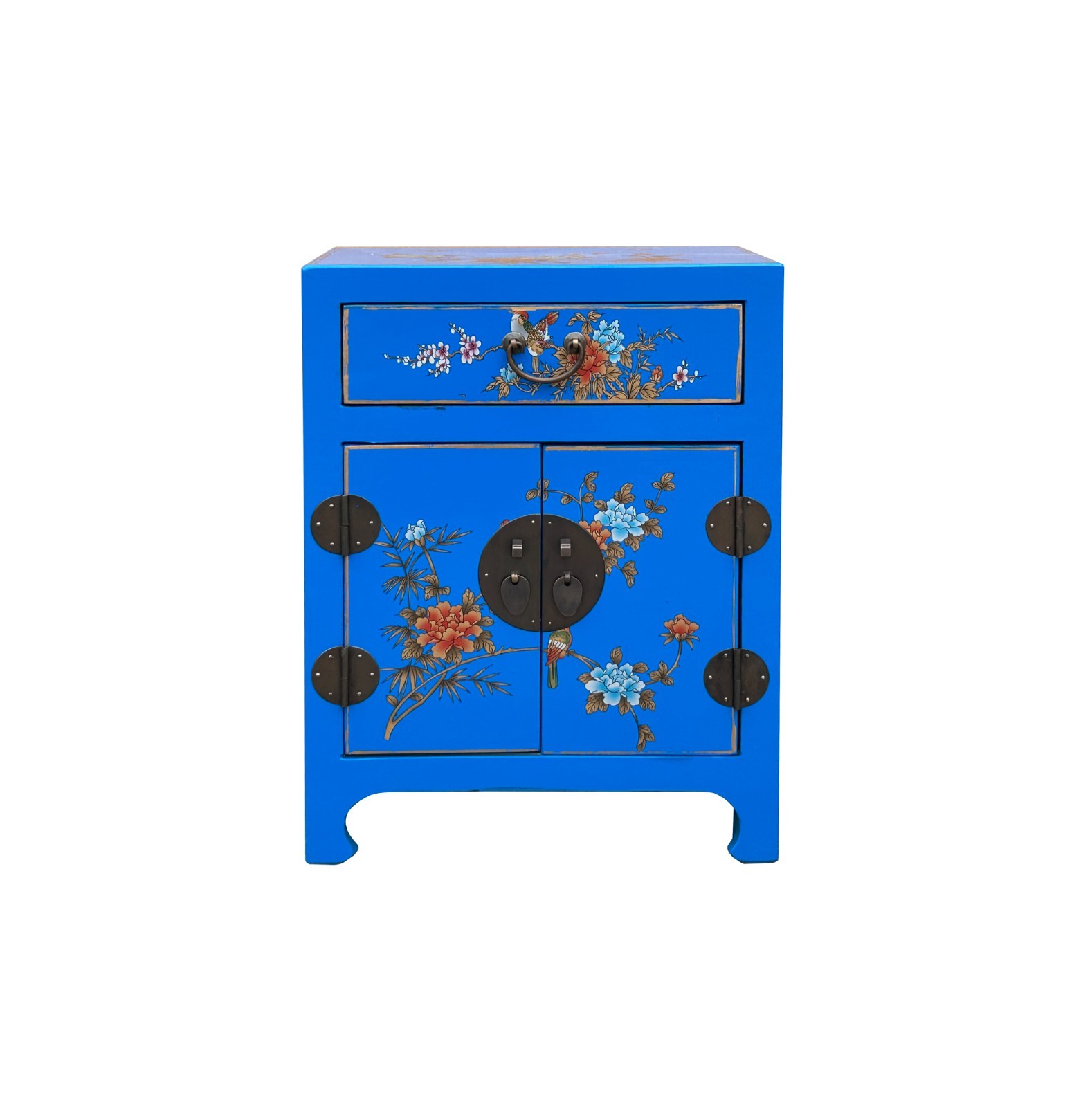 Chinese Bright Blue Vinyl Moon Face Flower Birds End Table Nightstand GB064