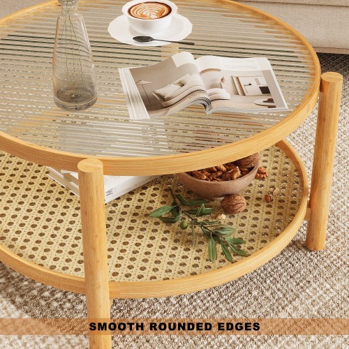 coffee table Wicker coffee table with glass top and PVC wicker storage rack