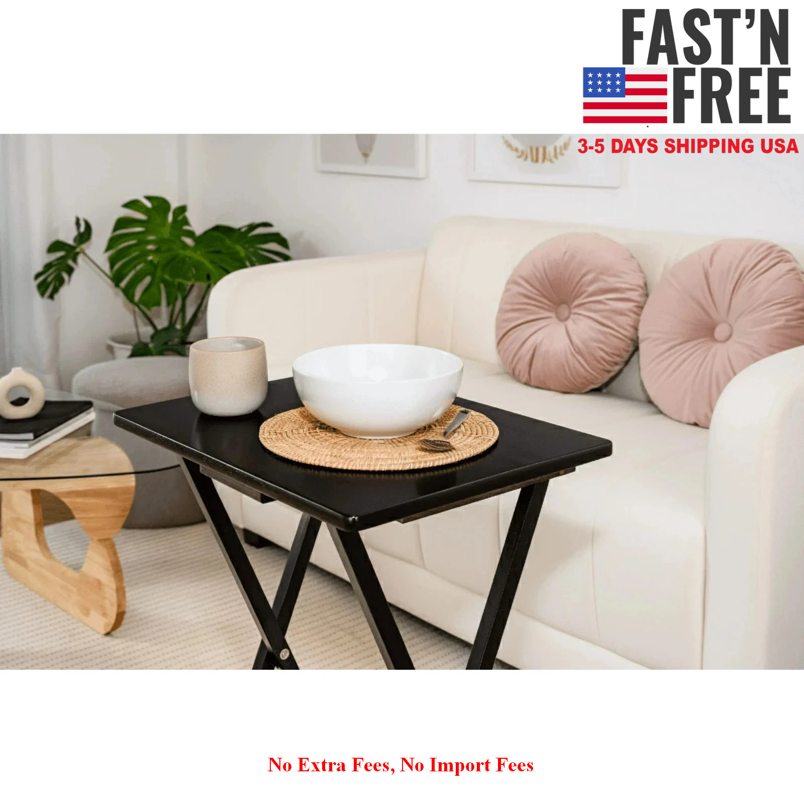Mainstays 4-Piece Black Rubberwood Indoor Folding TV Tray Table Set with Storage