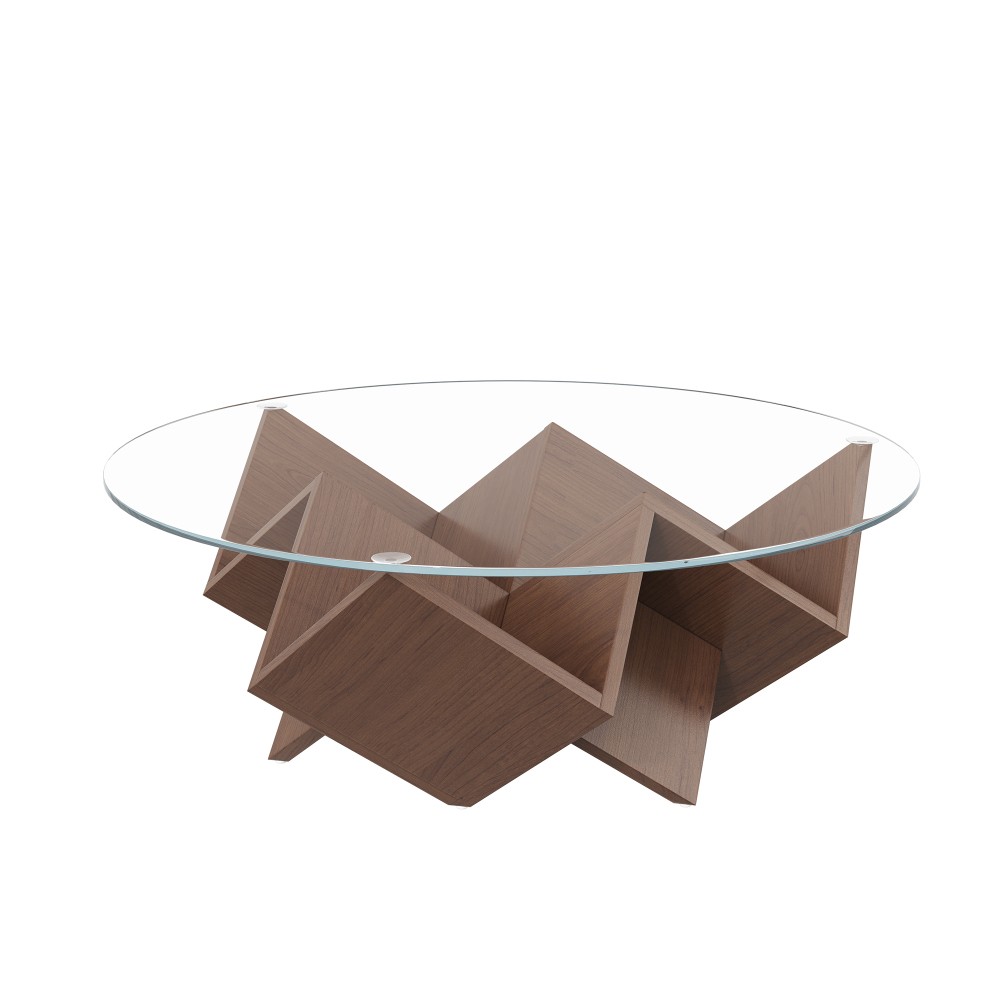 Round Coffee Table with Glass Top, Art Deco Base & Storage Shelves, Walnut