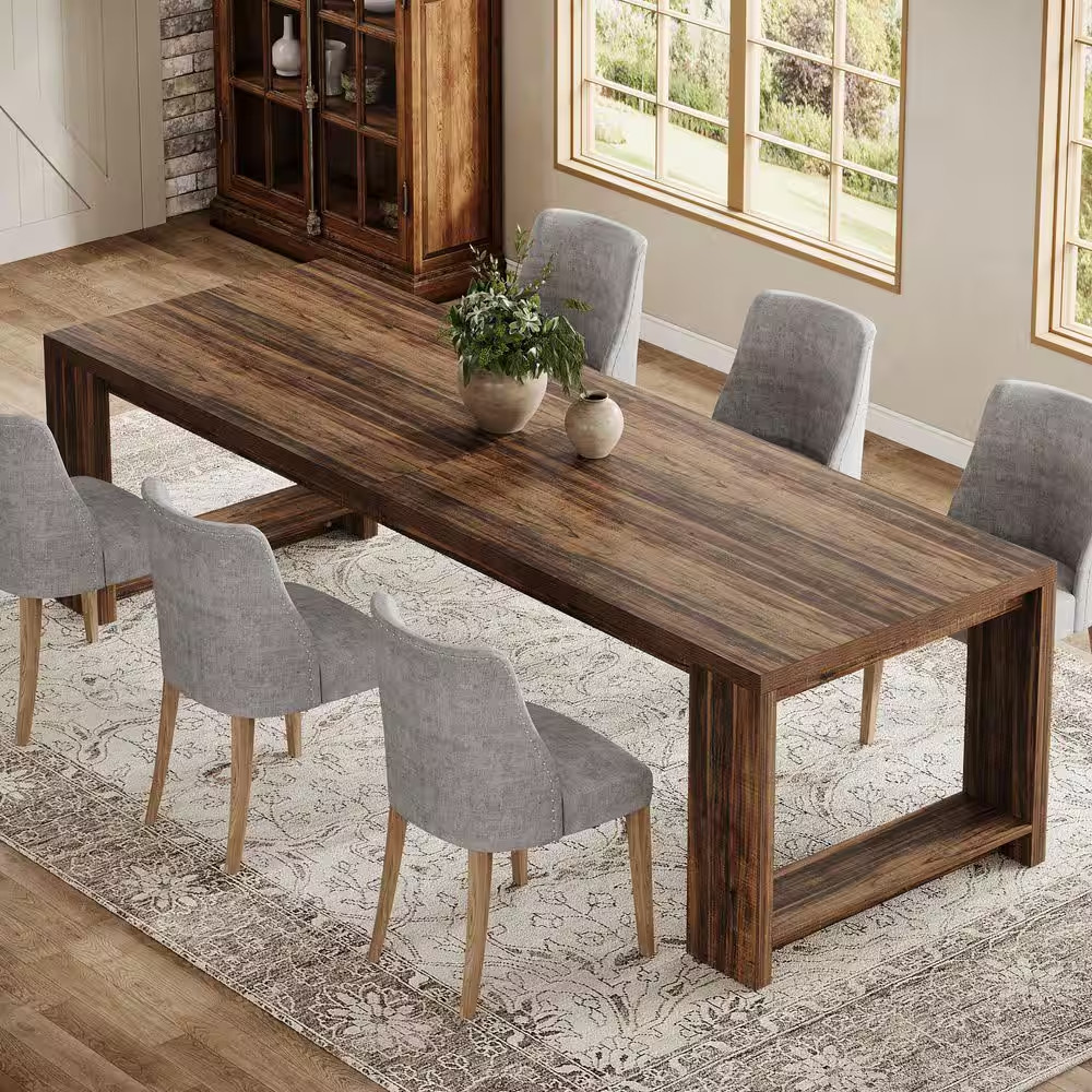 Rustic Brown Rectangular Wood 86. 61 In. 4 Legs Dining Table Seats 6-8 Farmhouse