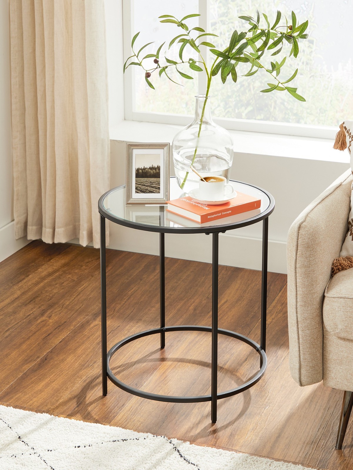 VASAGLE Round Glass Side Table Gold Metal Frame For Living Room Bedroom