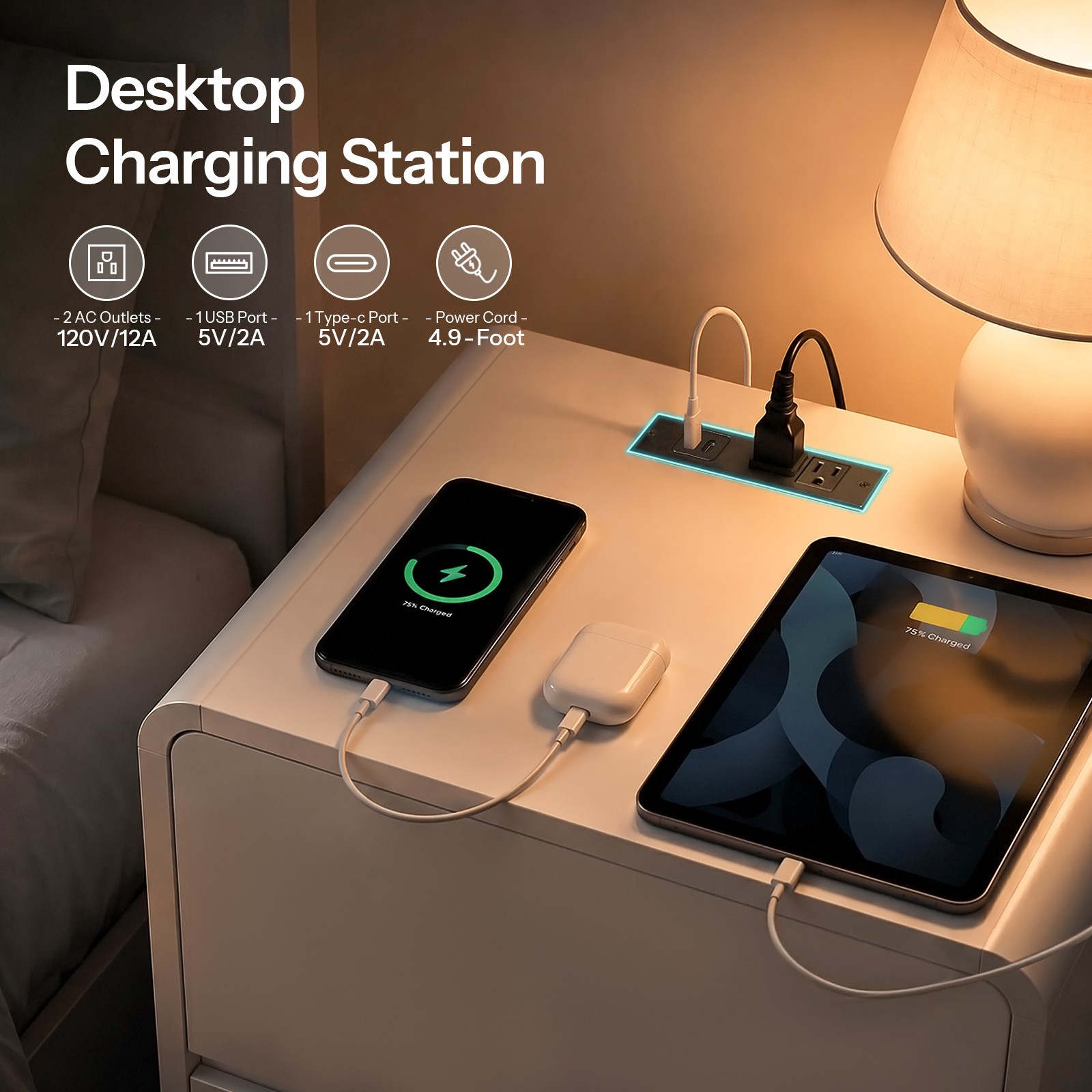 Side Table with Charging Station End Table Bedside Table 19.7″ x 15.7″ x 19.7″