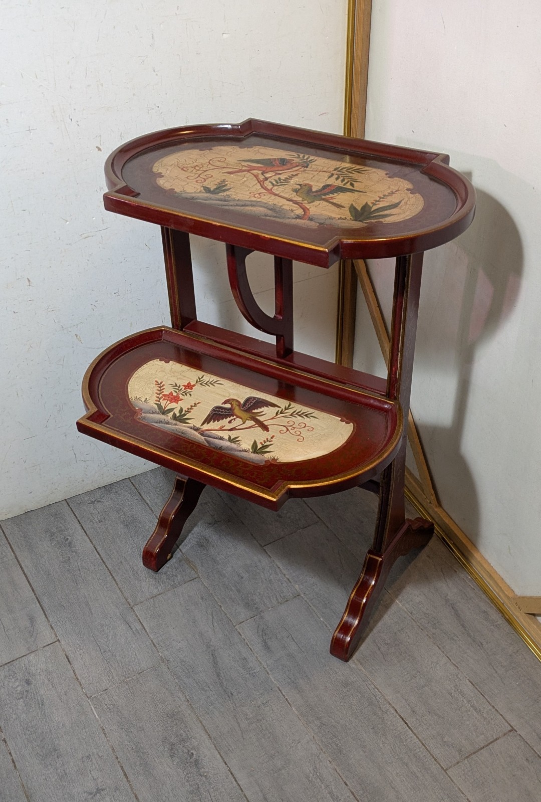 Vintage Asian Chinoiserie Folding Butler Tray Table Hand Painted Birds Red/Gold