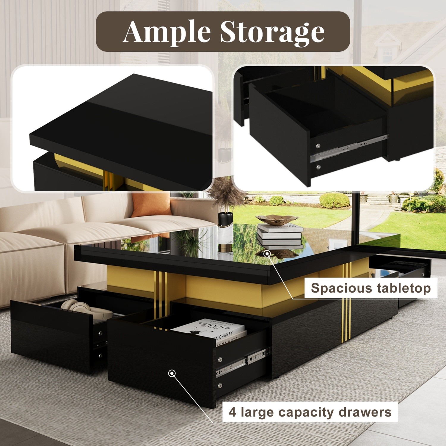 Modern Glossy Square Coffee Table End Table w/ 4 Storage Drawers for Living Room