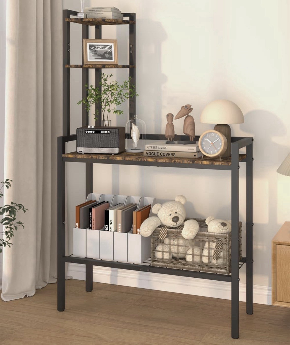 Console Table w/ Open Shelving & Adjustable Feet, Brown/Black 55.5in H