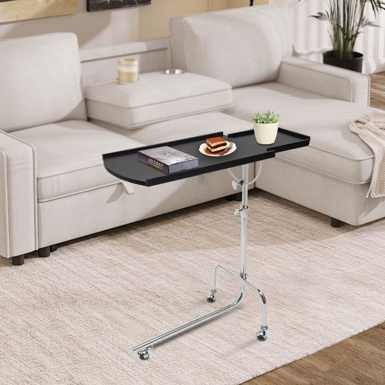 Modern Black Free-standing Adjustable Wood Swivel Tray Table w/ Ergonomic Stand