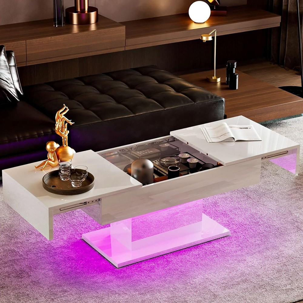 RGB LED MODERN COFFEE TABLE WITH HIDDEN STORAGE 69″ EXTENDABLE SLIDING TOP WHITE