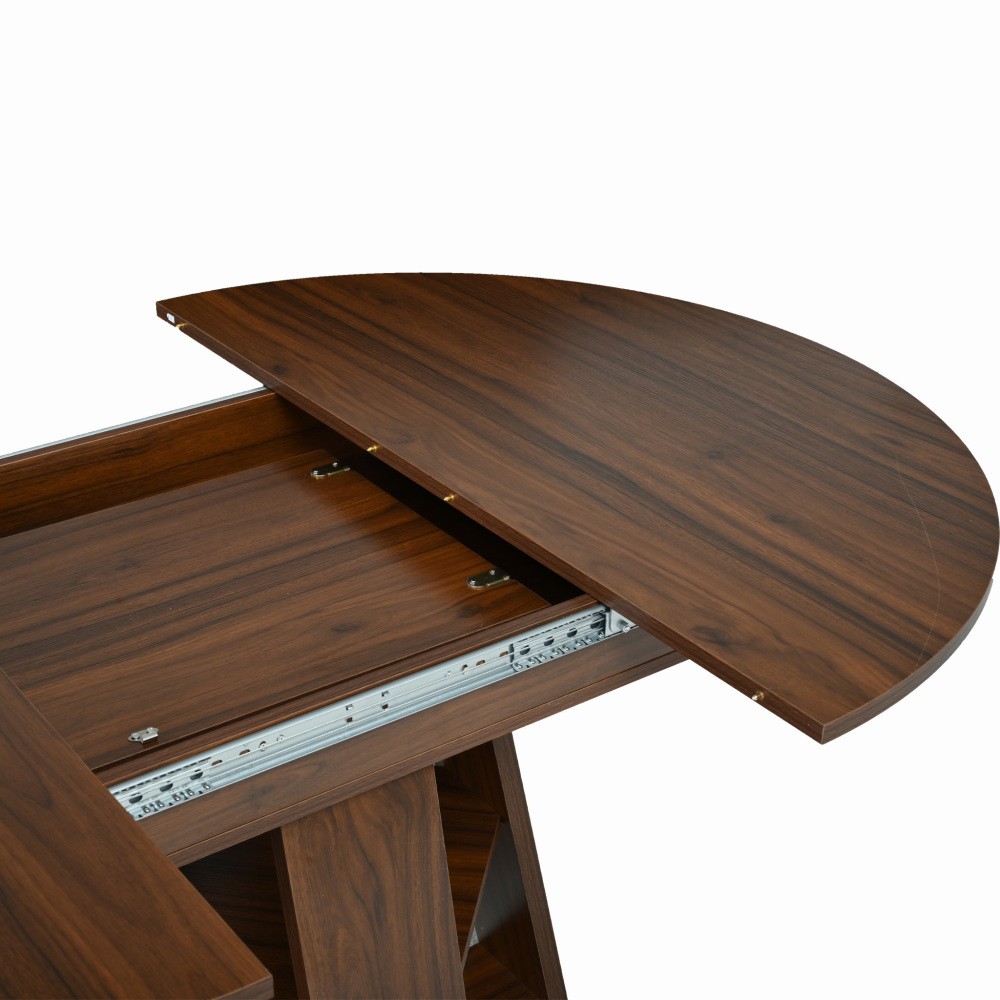 43-59″ Extendable Round Dining Table, Walnut, Space-Saving with Storage Shelf