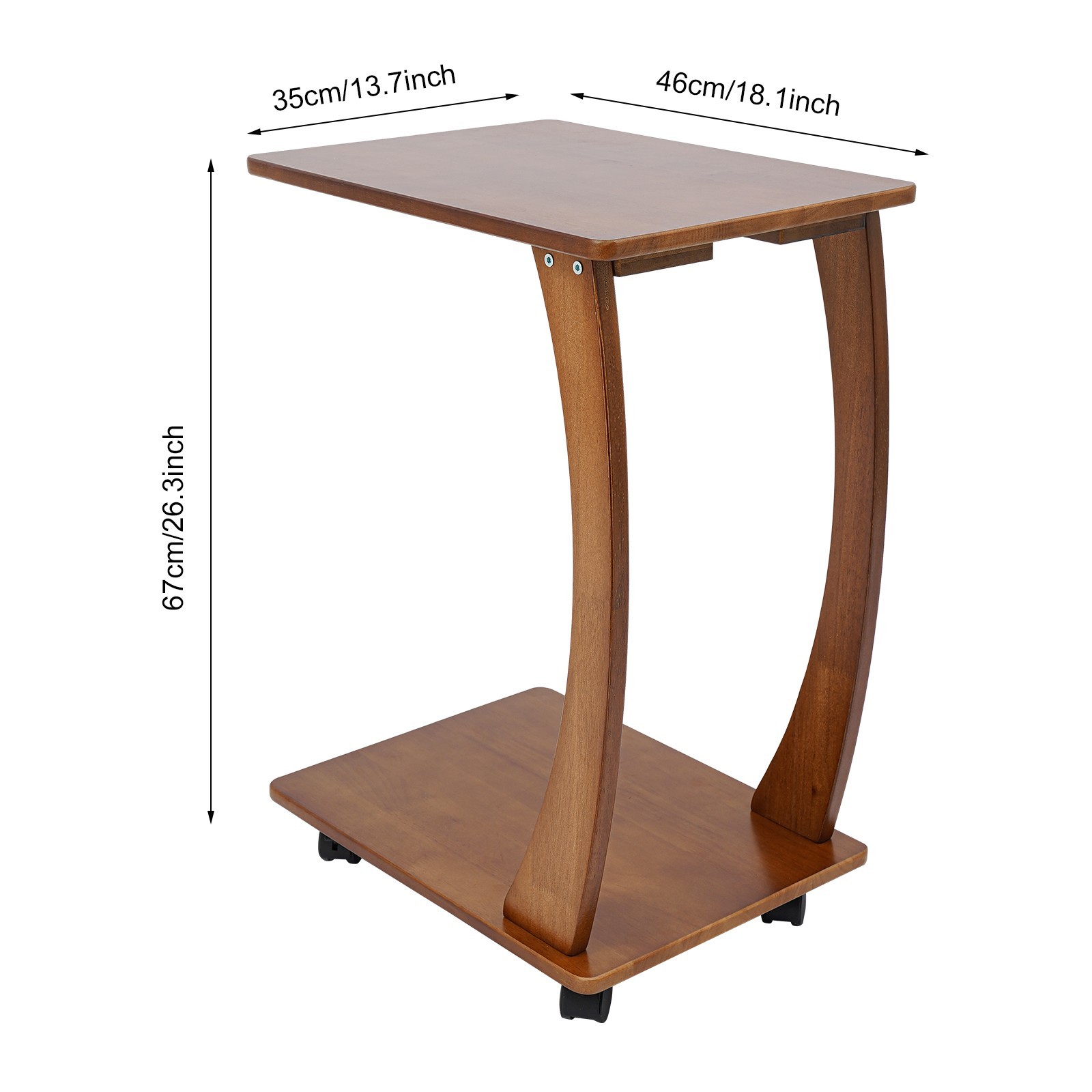 Solid Wood End Table With Rolling Wheels, C Shaped Side Table, Tv Tray Table