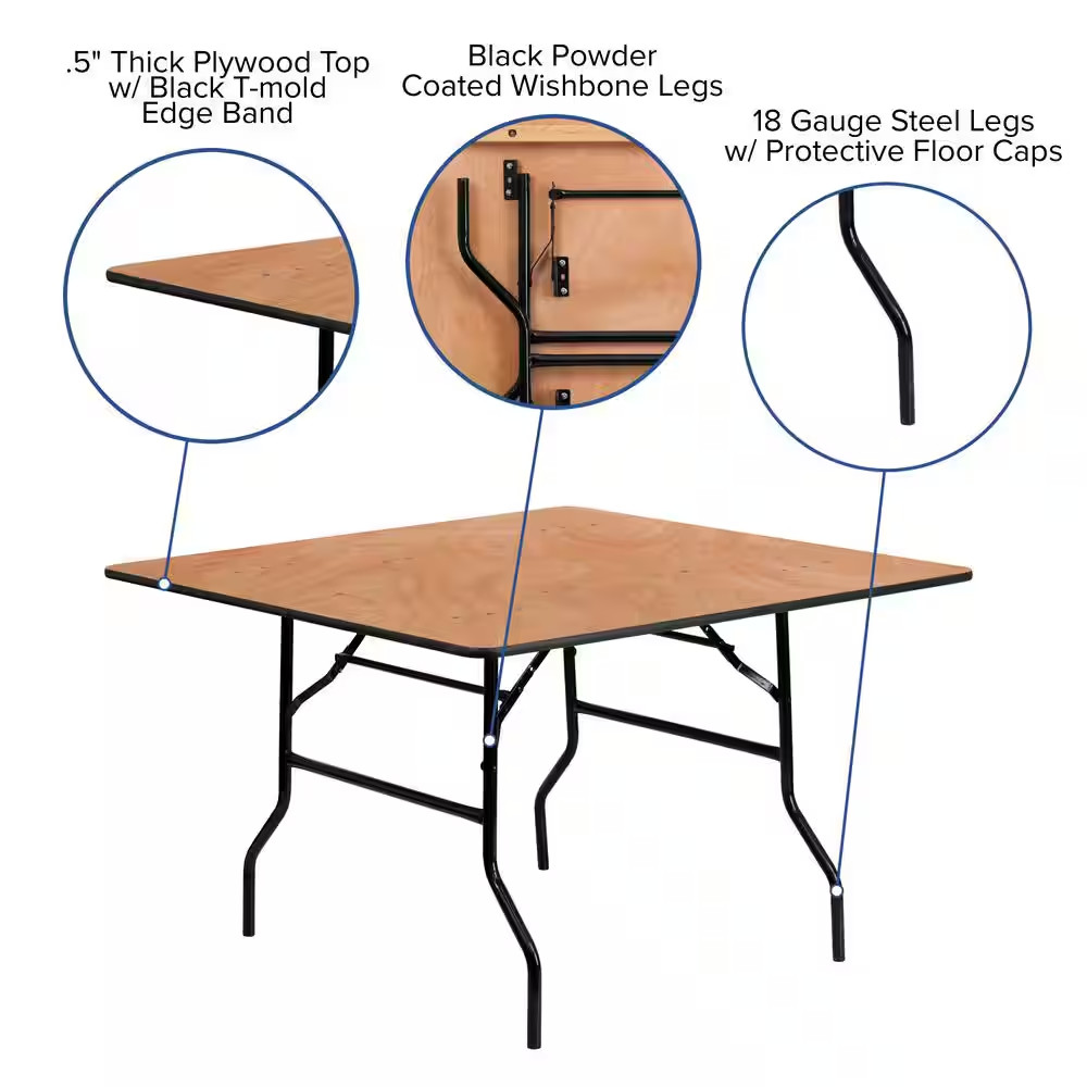 Natural 48 In. Square All-Occasion Wood Folding Event Table, Foldable Square Por