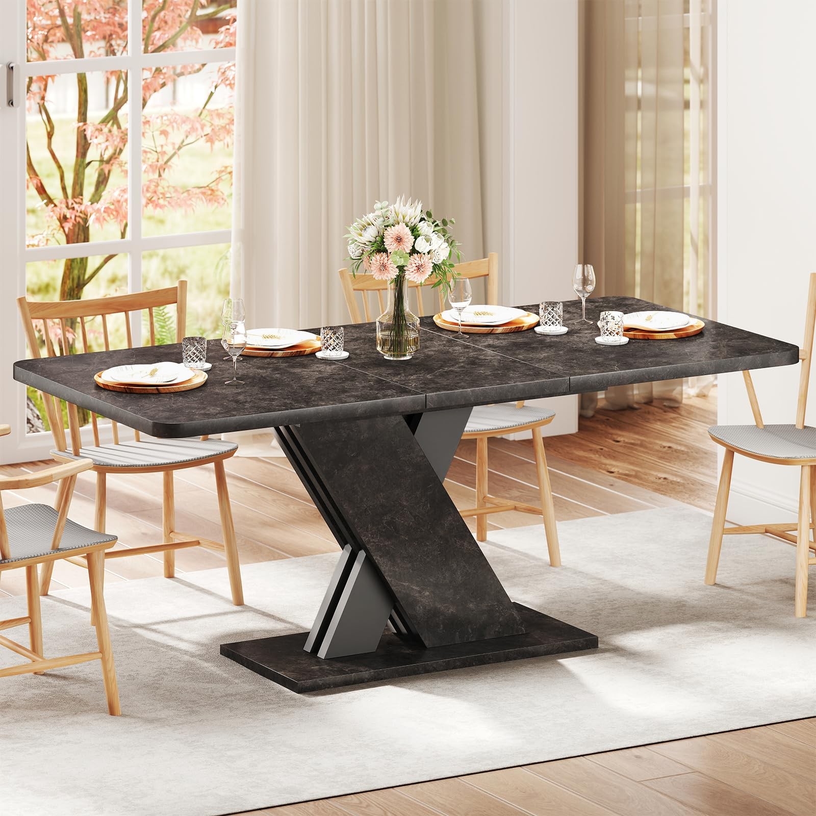 Expandable Dining Table, 4-8 Farmhouse Kitchen Table, 55″-70.87″ Wood Dining …