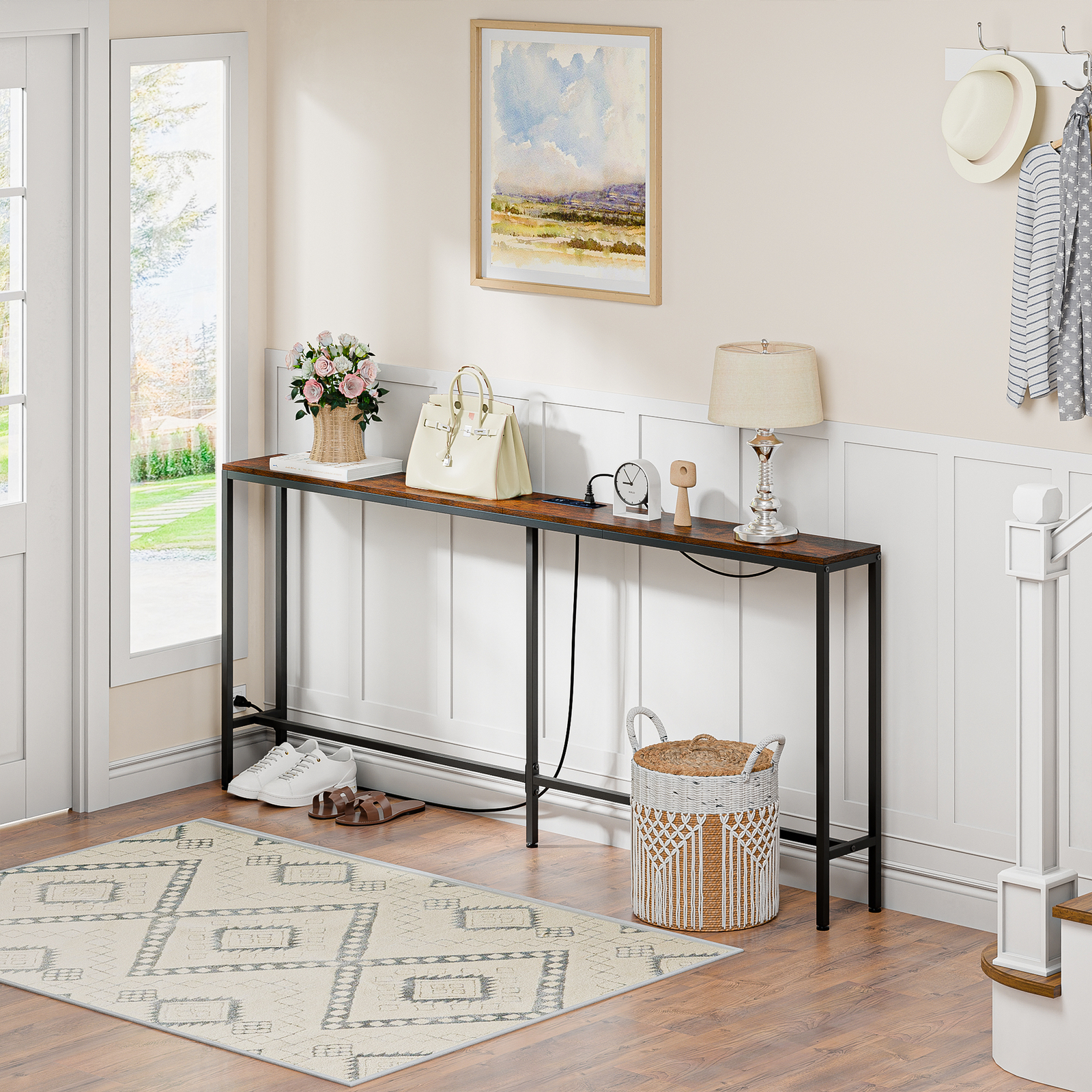 70.8″ Narrow Console Table w/ Power Outlet Behind Couch Sofa Table Rustic Brown