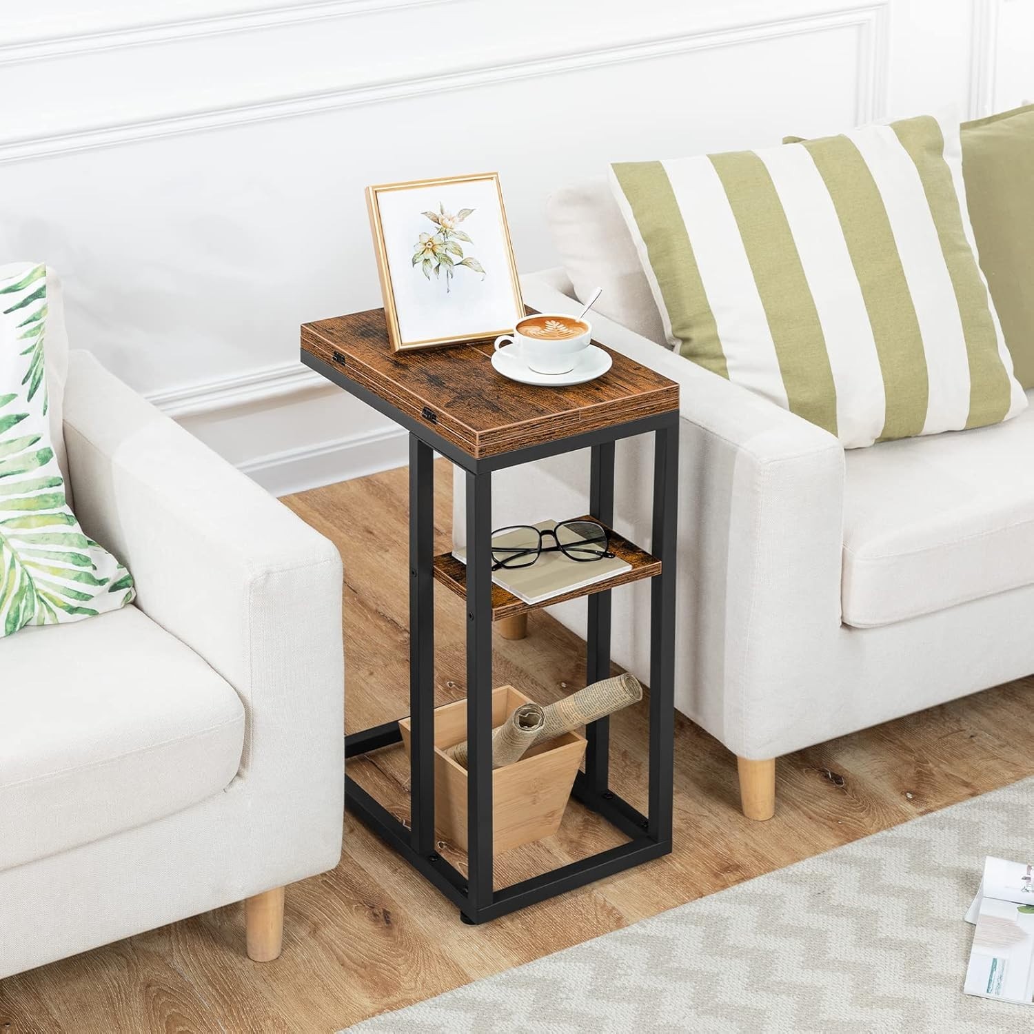 Foldable C Shaped End Table, C Shaped Side Table with Storage Shelf, Small Sn…