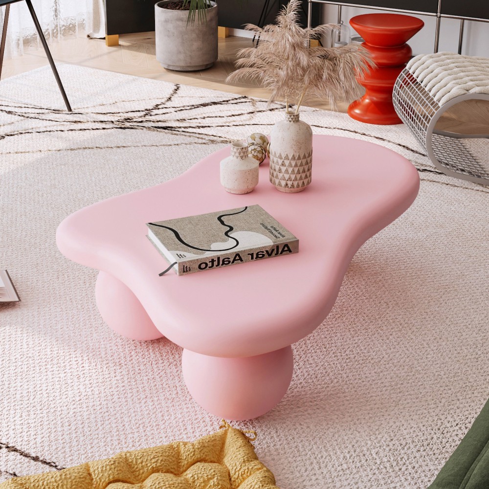 40 Inch Cloud Shaped Coffee Table with 3 Ball Legs for Living Room, Cream White