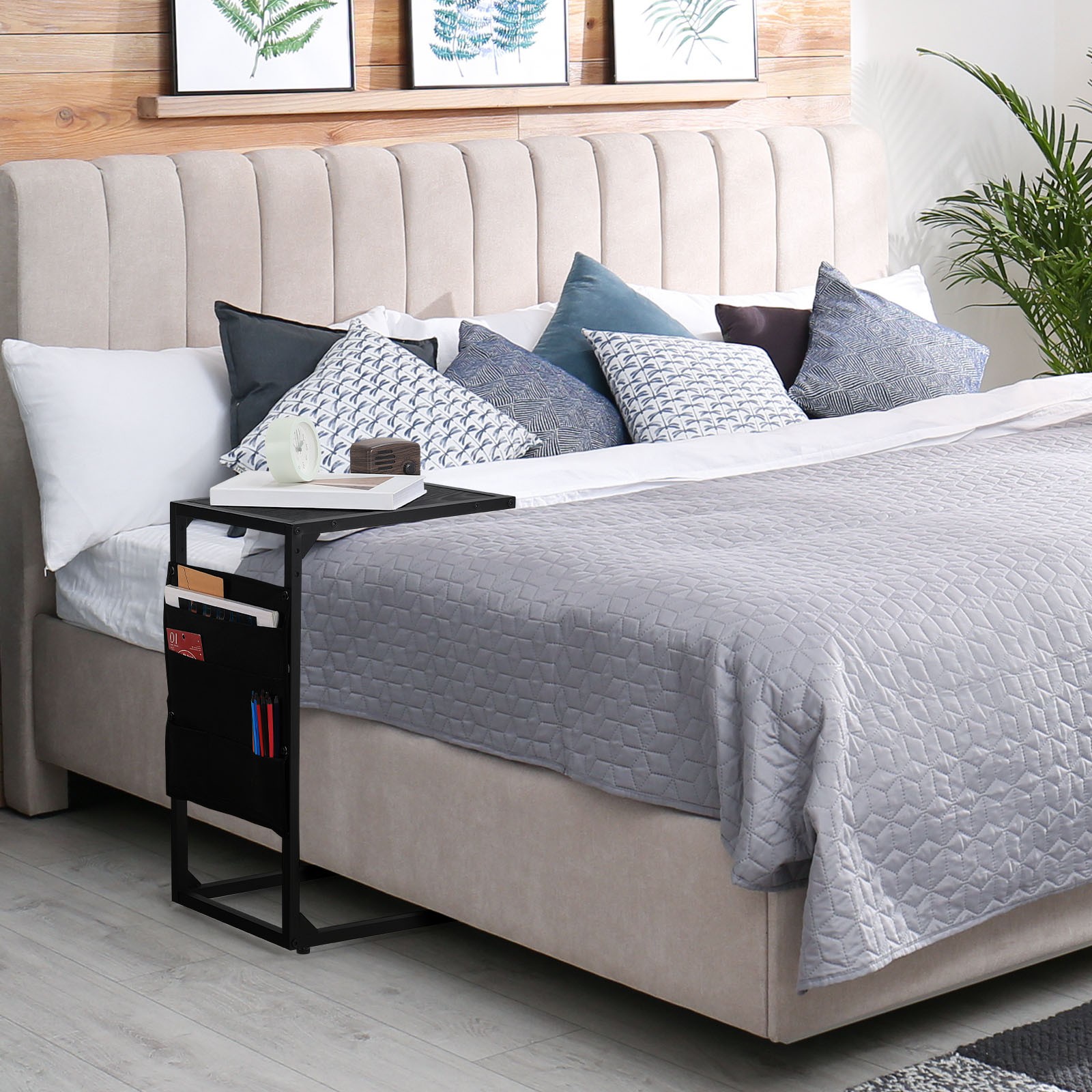 Set of 2 C Shaped End Table Side Table w/ Storage Bag for Couch Sofa Bedroom