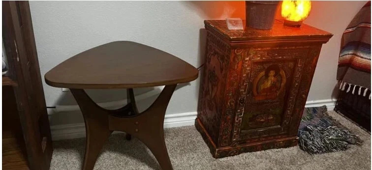 Mid-Century Modern Triangle Side Table Brown Wooden Farm Country Small Bedside