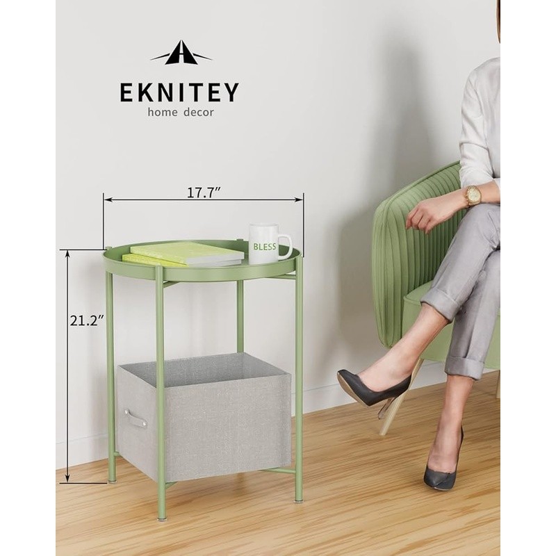 Versatile Round End Table W/ Removable Tray Durable Side Table Any Room New