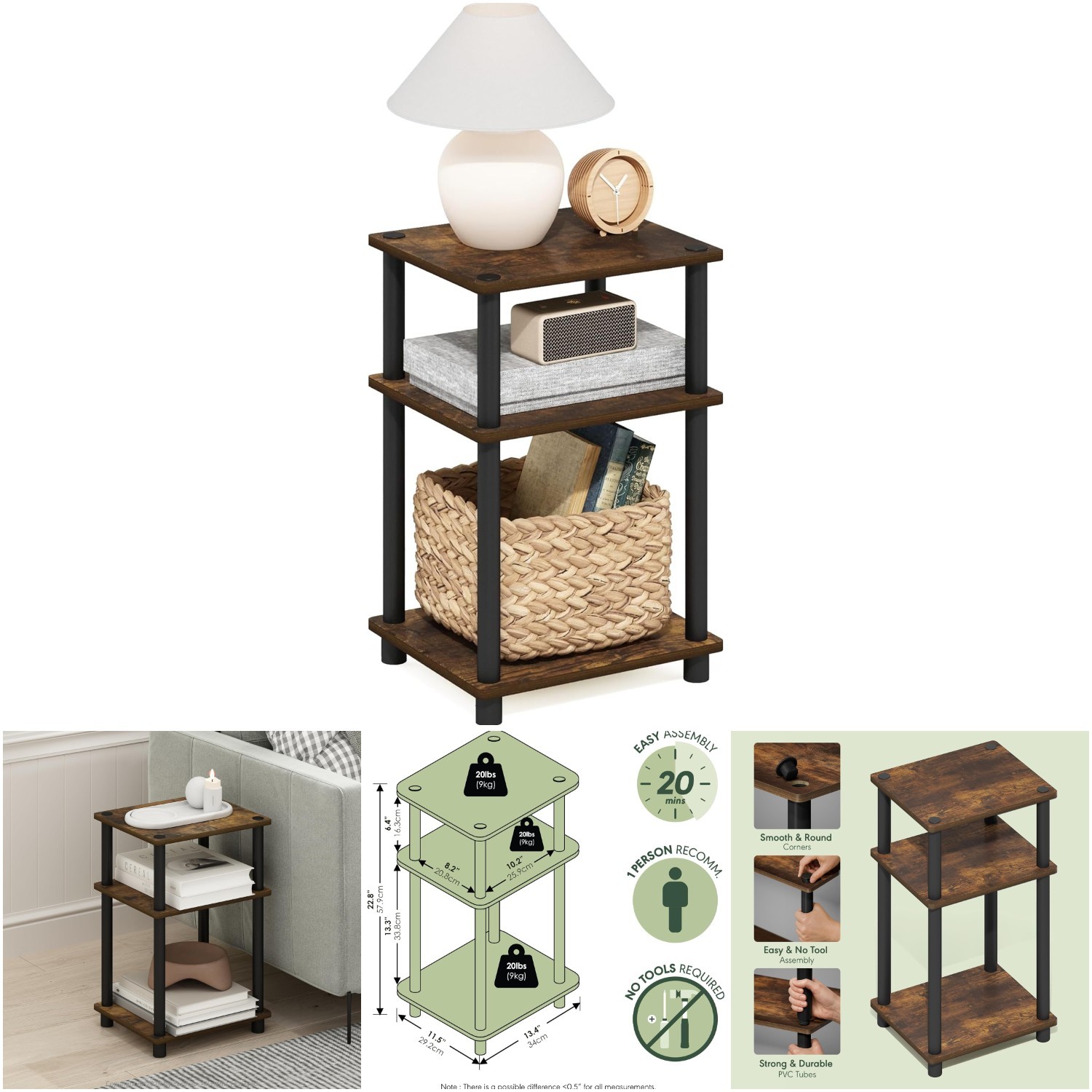 3-Tier End Table Amber Pine Open Shelves Side Table Living Room Bedroom Bathroom