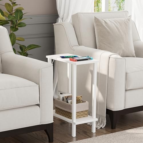 Small Side Table, Narrow End Table, 2-Tier（7.9″D x 15.8″W x 22.5″H） 2 White