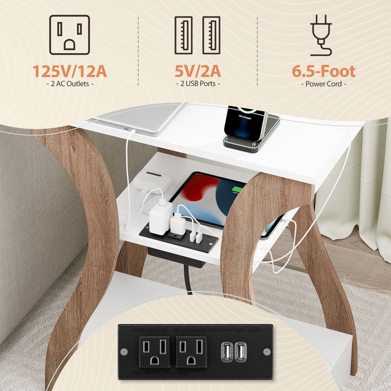3 Tier End Table w/ USB Charging Station White Storage Shelf for Living Room 2X