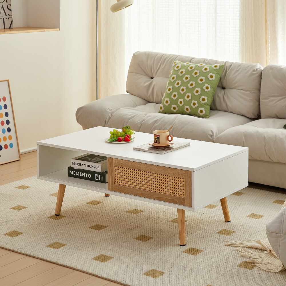 White Rattan Coffee Table with Sliding Doors – Perfect for Living Room