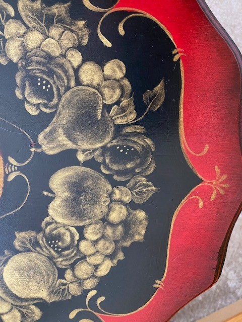 VTG Wooden Tilt Table Hand Painted Tole and Gold Leaf, Floral & Fruits, Unique